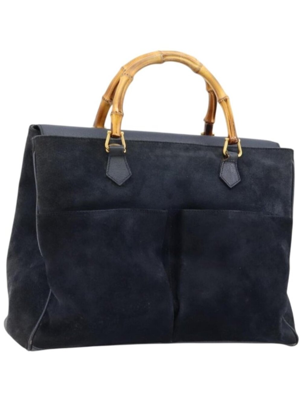 GUCCI Bamboo Tote Bag Suede Navy Gold 002 123 0322